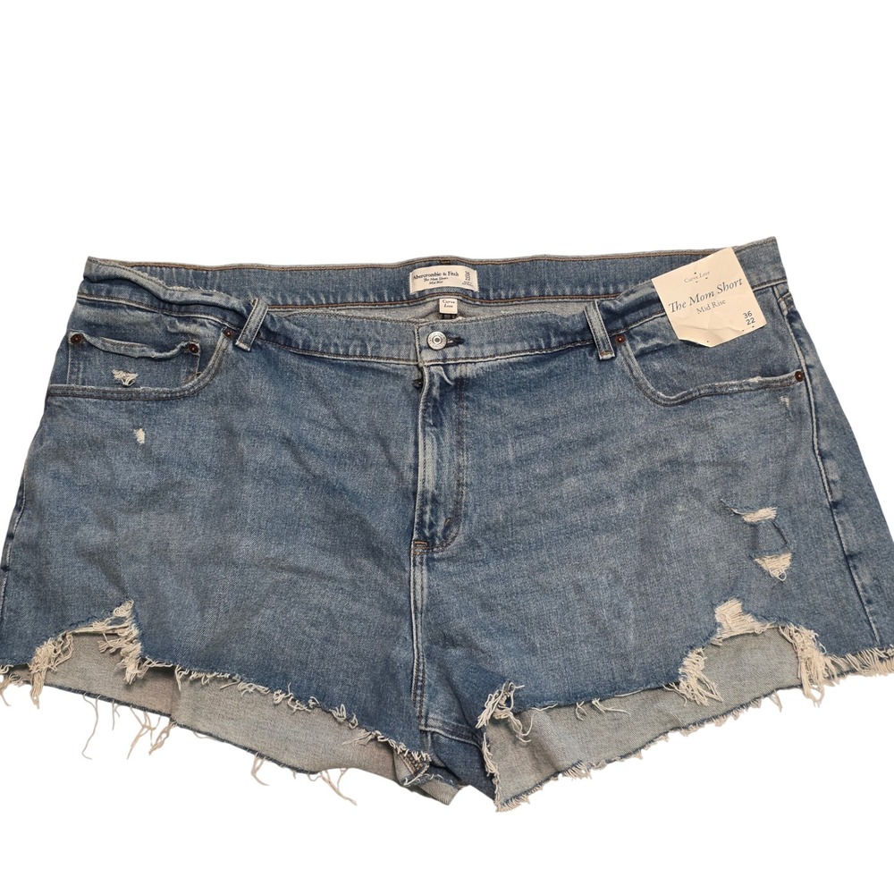 Abercrombie & Fitch Curve Love Mom Short Mid Rise Distressed Blue Denim 36 22
